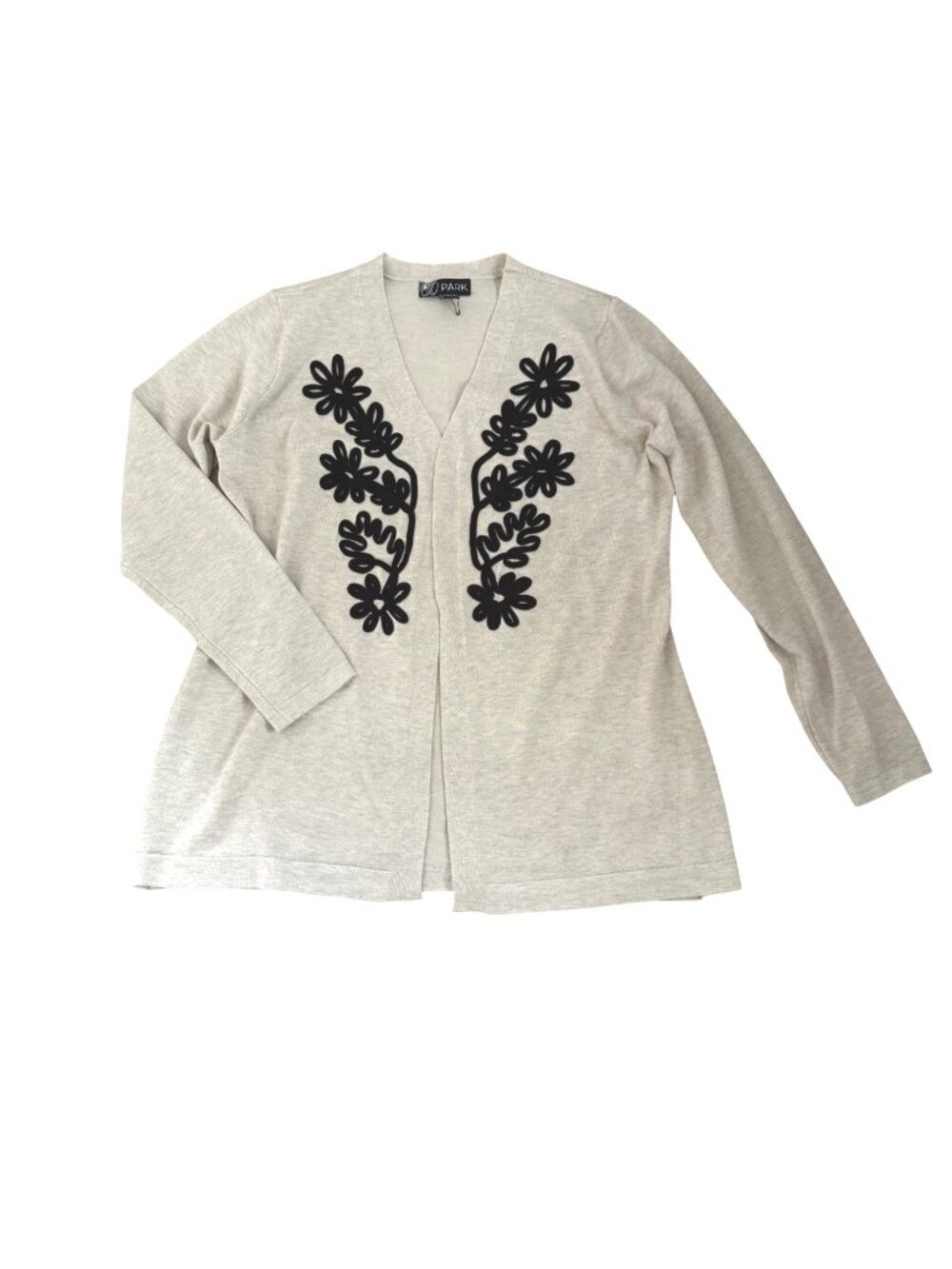 80 Park Women's Open Front Cardigan XL Beige Floral Applique Minimalist Grandma